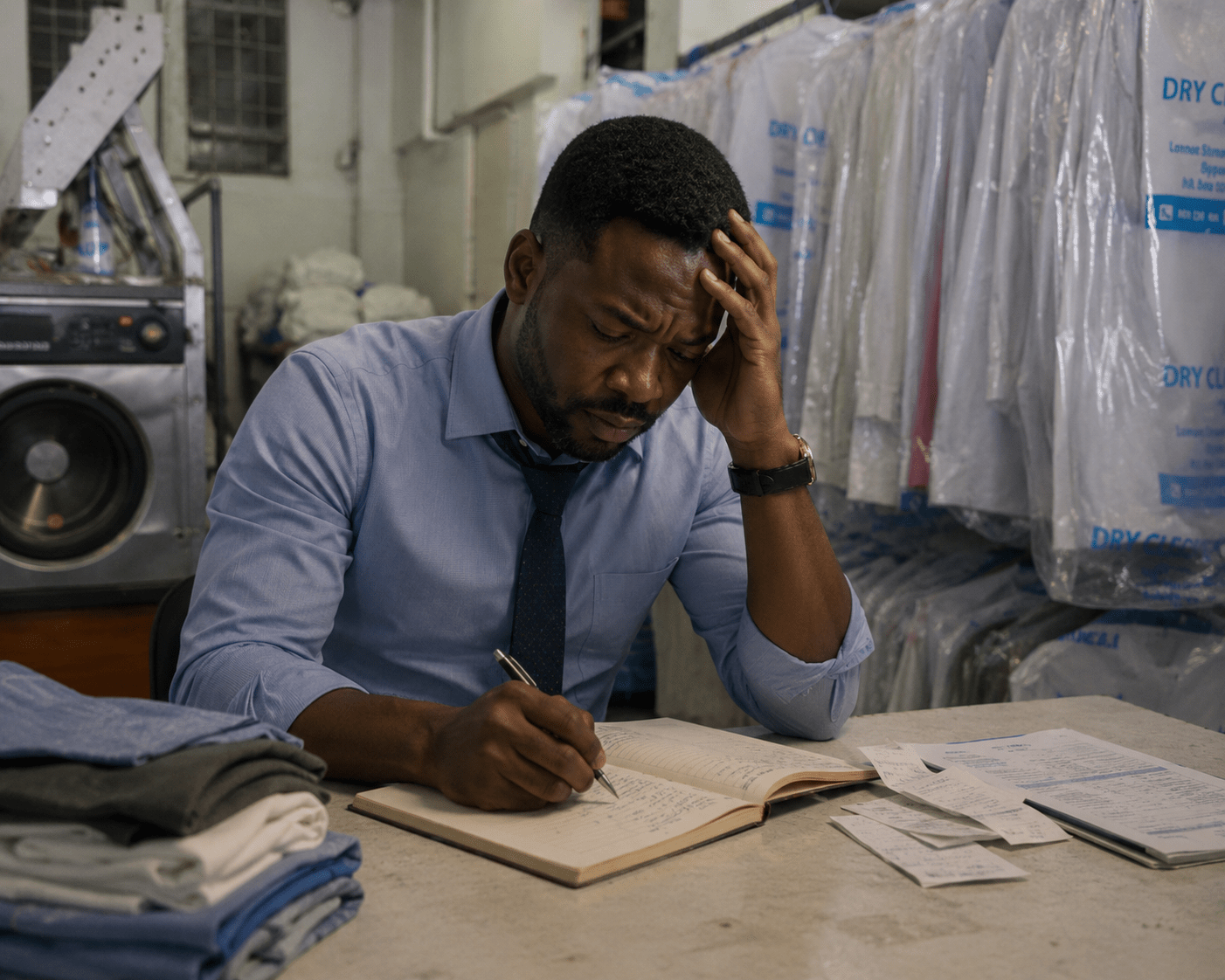 Business owner overwhelmed by manual bookkeeping in a dry-cleaning shop